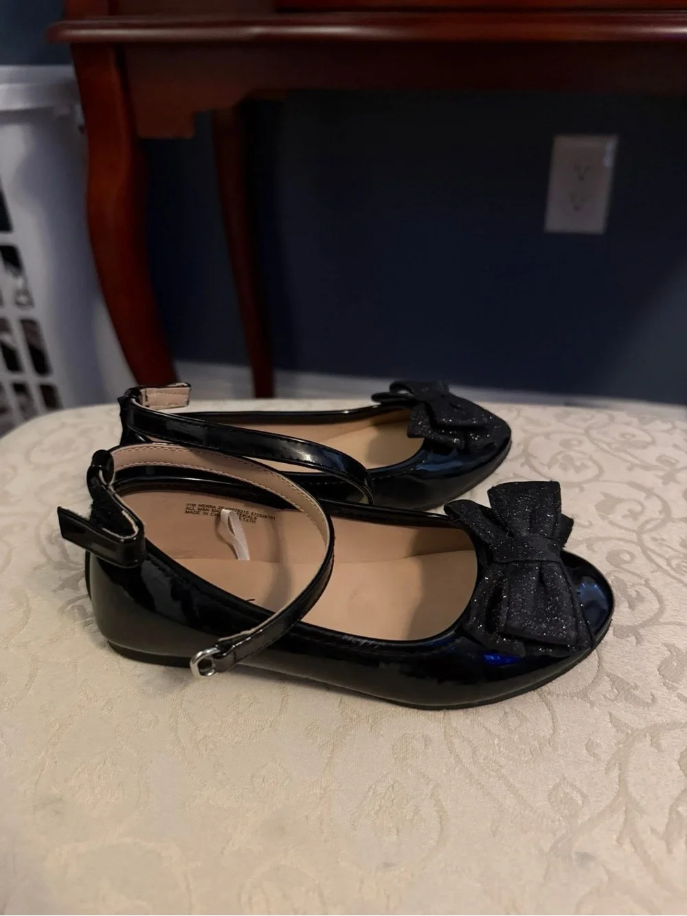 Girls Black Patent Bow Mary Jane Flats with Ankle Strap